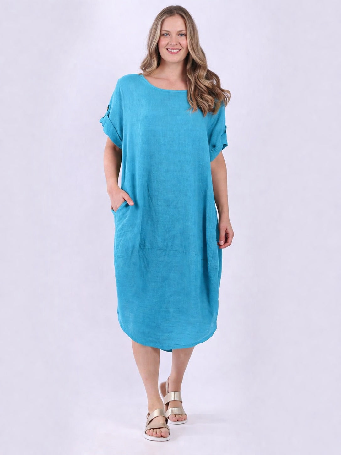 Plain Linen Tabbed Sleeves Slouchy Dress