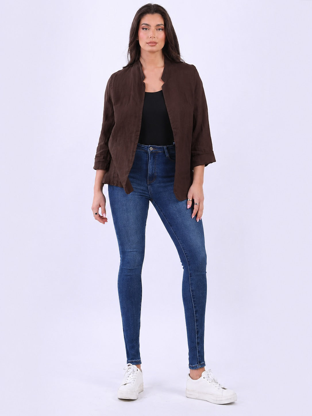 Open Front Linen Jacket Chocolate