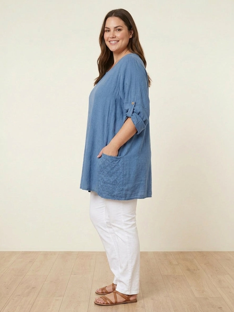 Broderie Back Front Pockets Plain Cotton Top