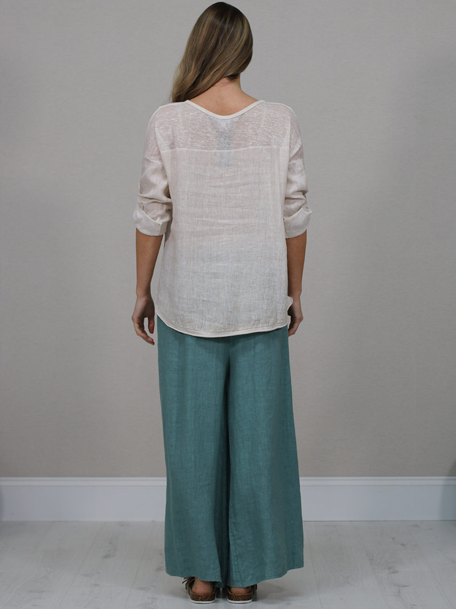 Ladies Vintage Wash V-Neck Linen Crop Top