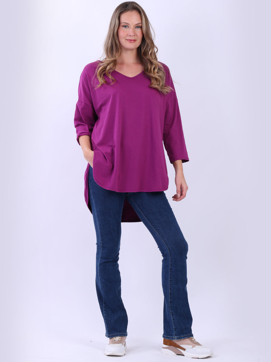 Women Plain Casual V-Neck High Low Top