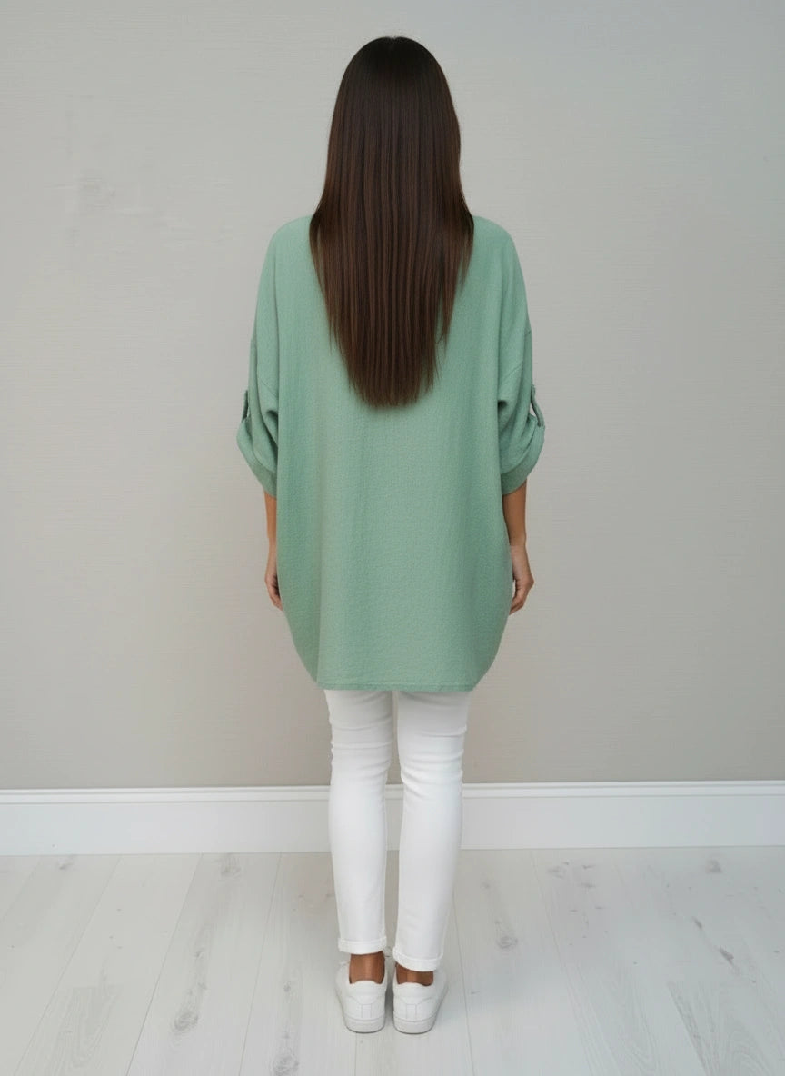 Women Tabbed Sleeves Plain Linen Top