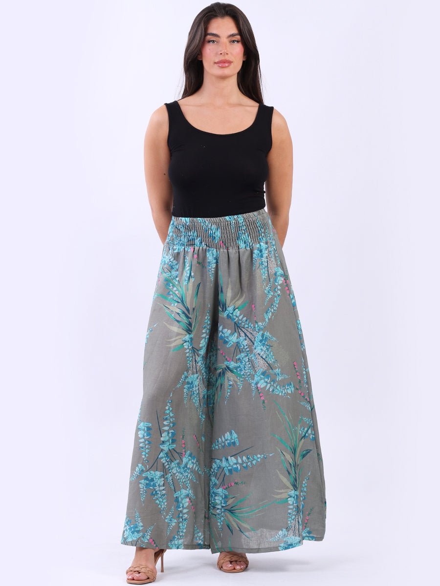 Wide Leg Jungle Print Smocked Linen Palazzo
