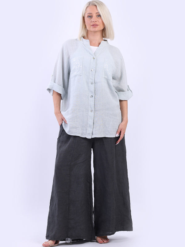 Italian Button Down Sequin Linen Shirt Top