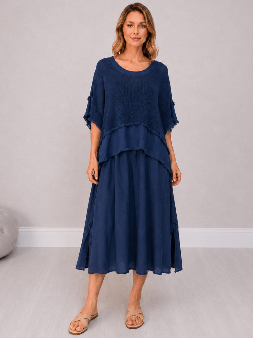 2 Layered Hopsack Mesh Net Cotton Dress