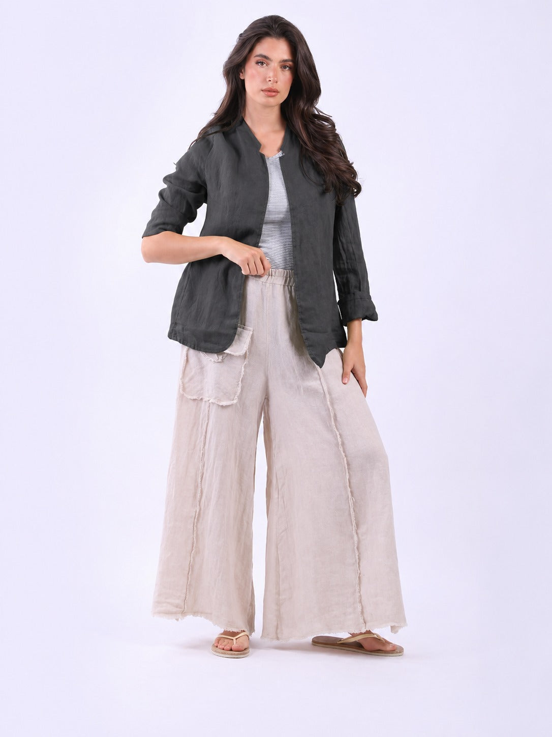 Open Front Linen Jacket Charcoal