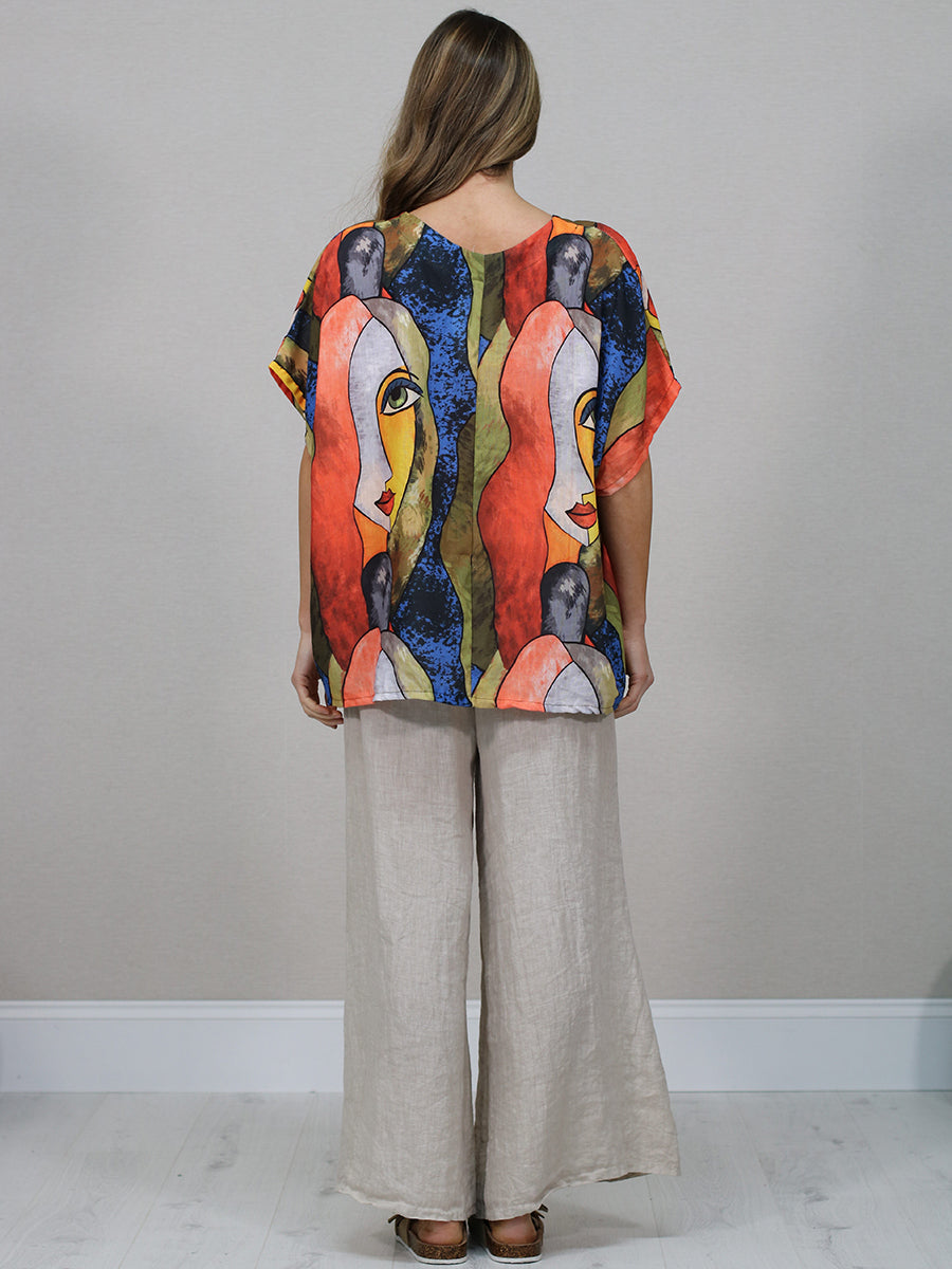 Italian Vintage Face Print Linen Top