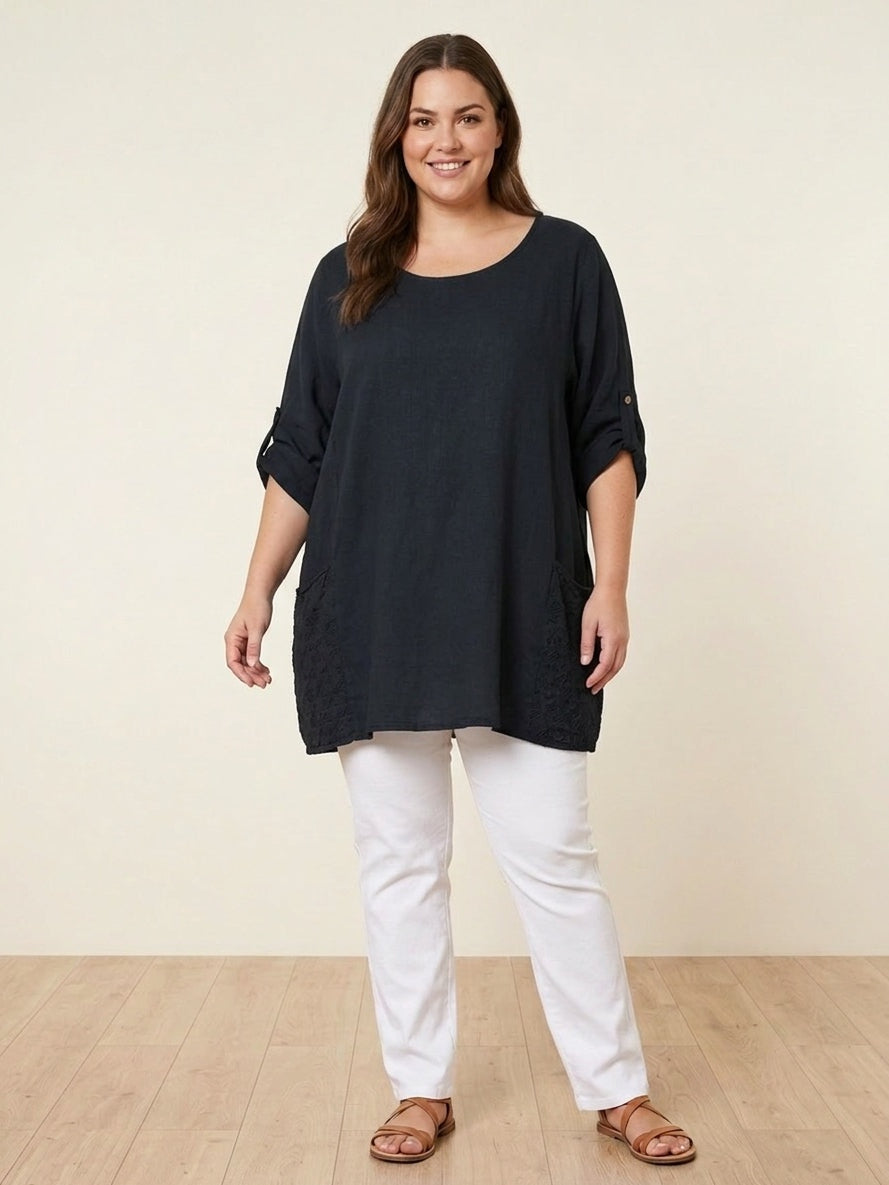 Plus Size Broderie Cotton Top Black
