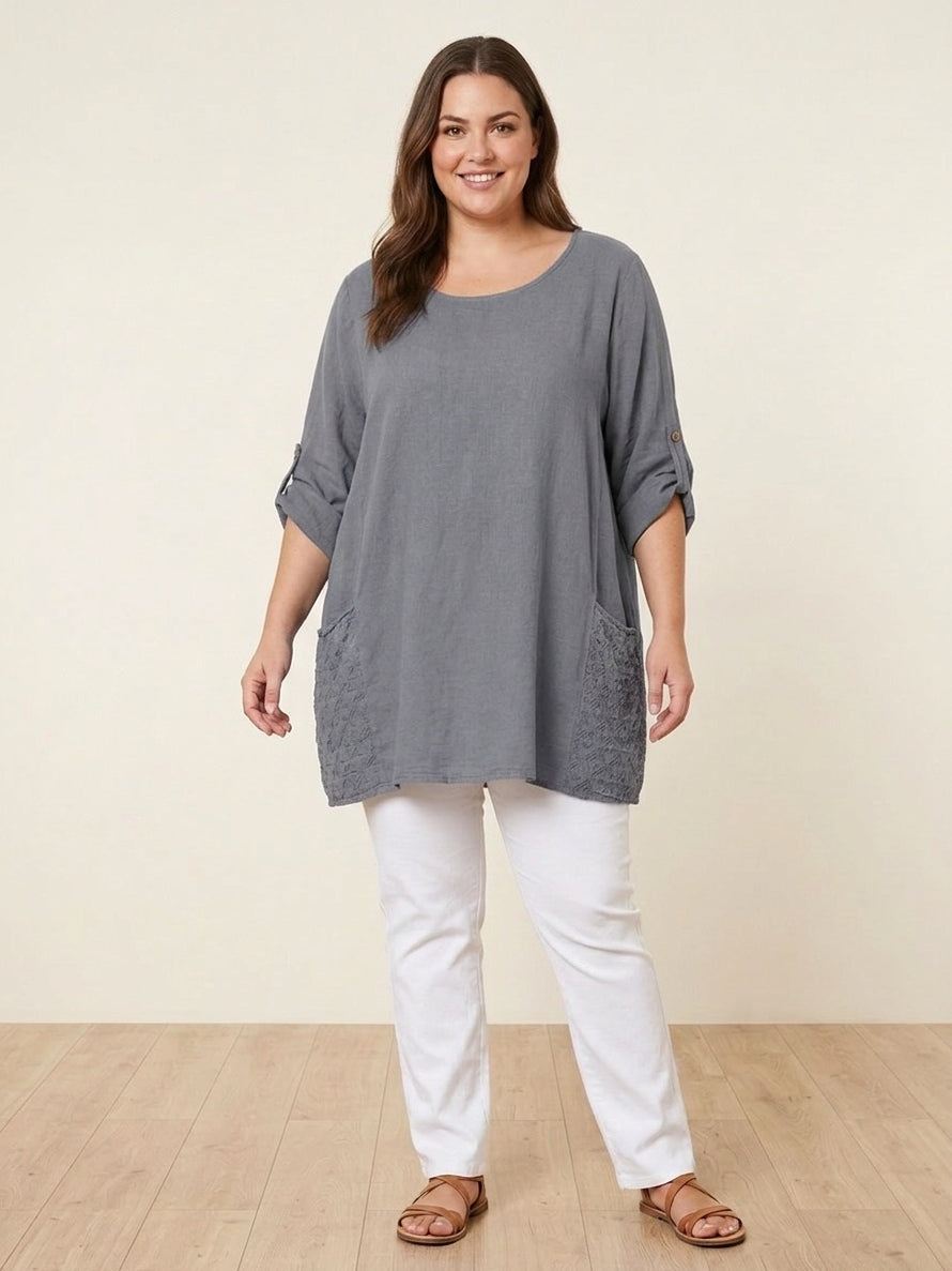 Plus Size Broderie Cotton Top Charcoal