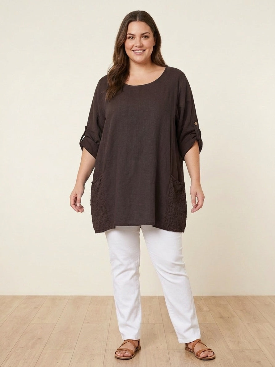 Plus Size Broderie Cotton Top Chocolate