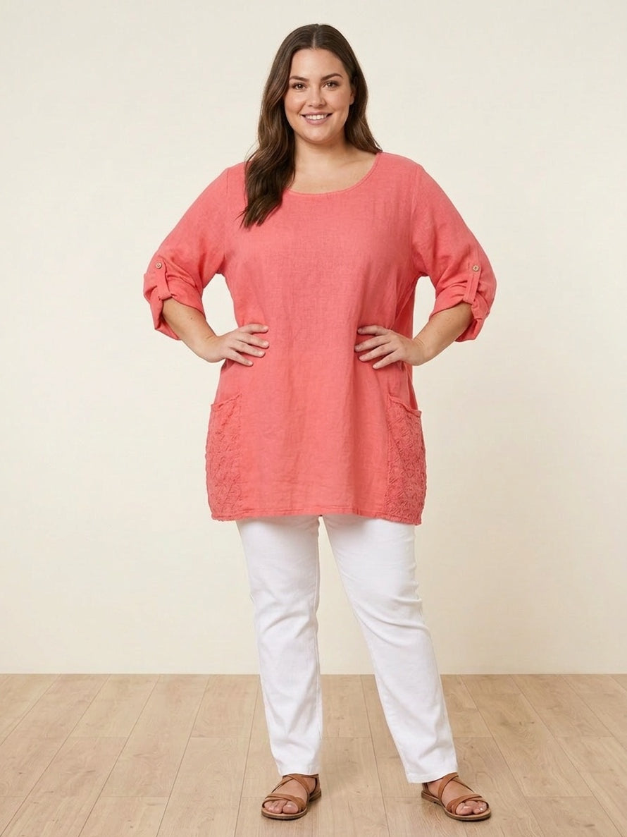 Plus Size Broderie Cotton Top Coral