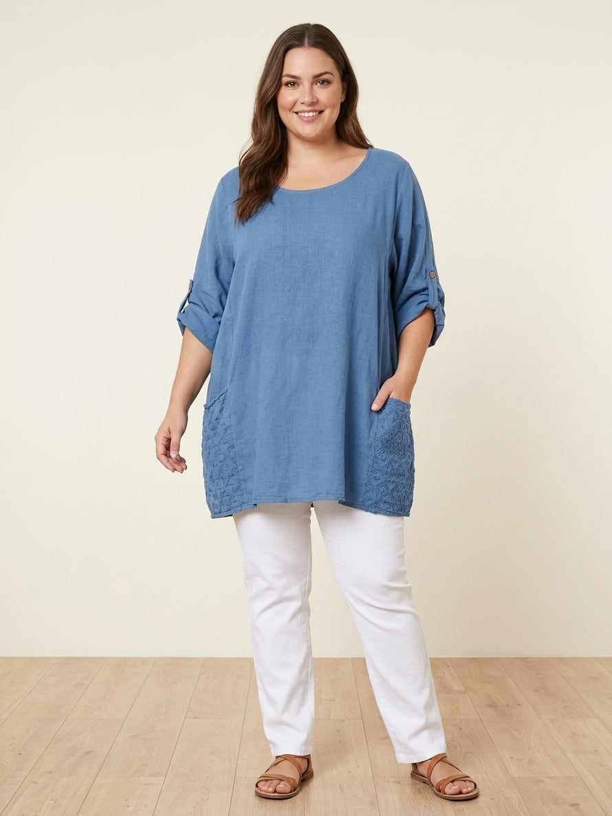 Plus Size Broderie Cotton Top Denim