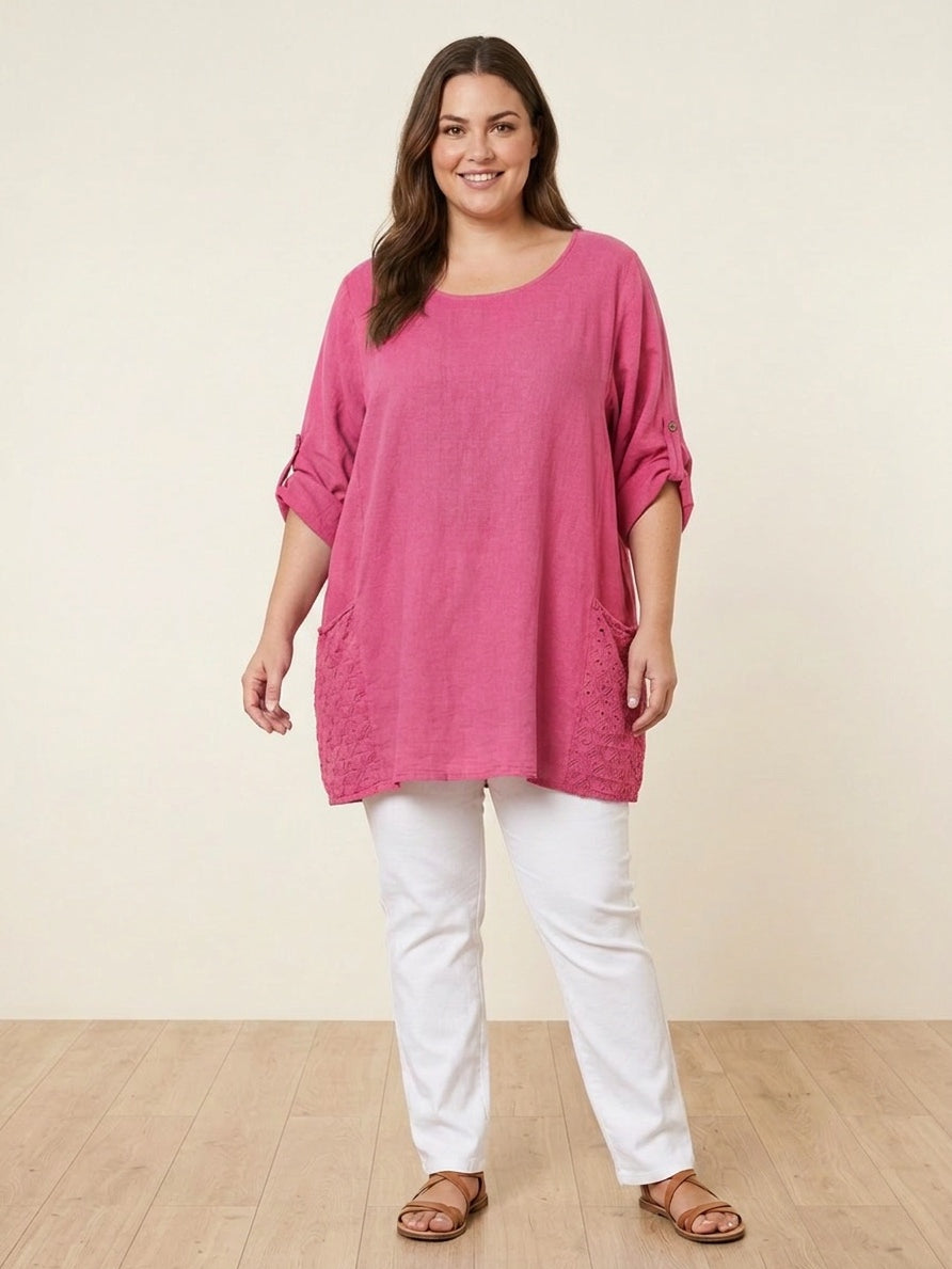 Plus Size Broderie Cotton Top Fuchsia