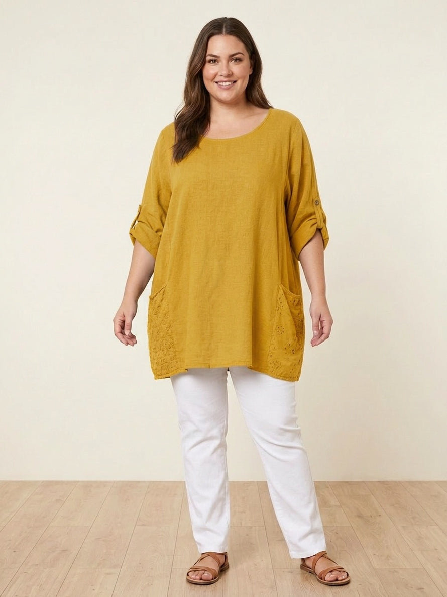 Plus Size Broderie Cotton Top Mustard
