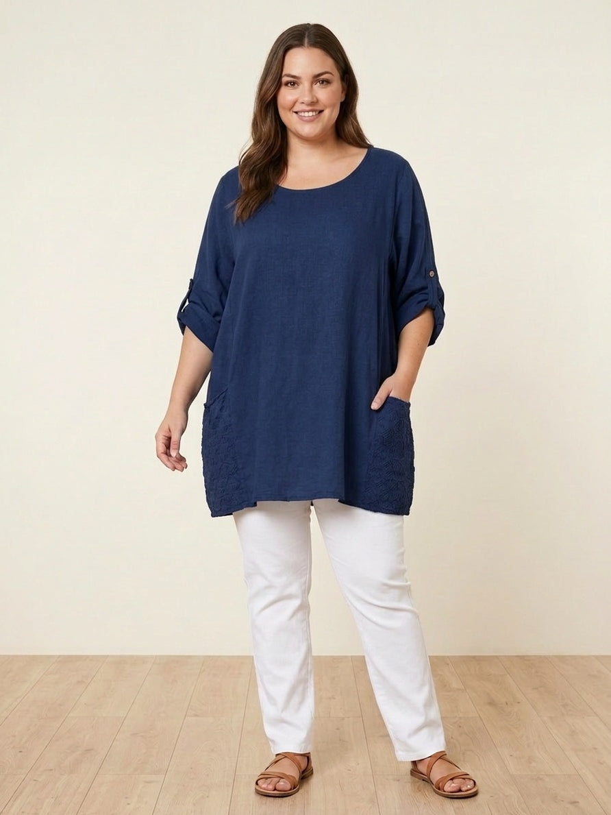 Plus Size Broderie Cotton Top Navy