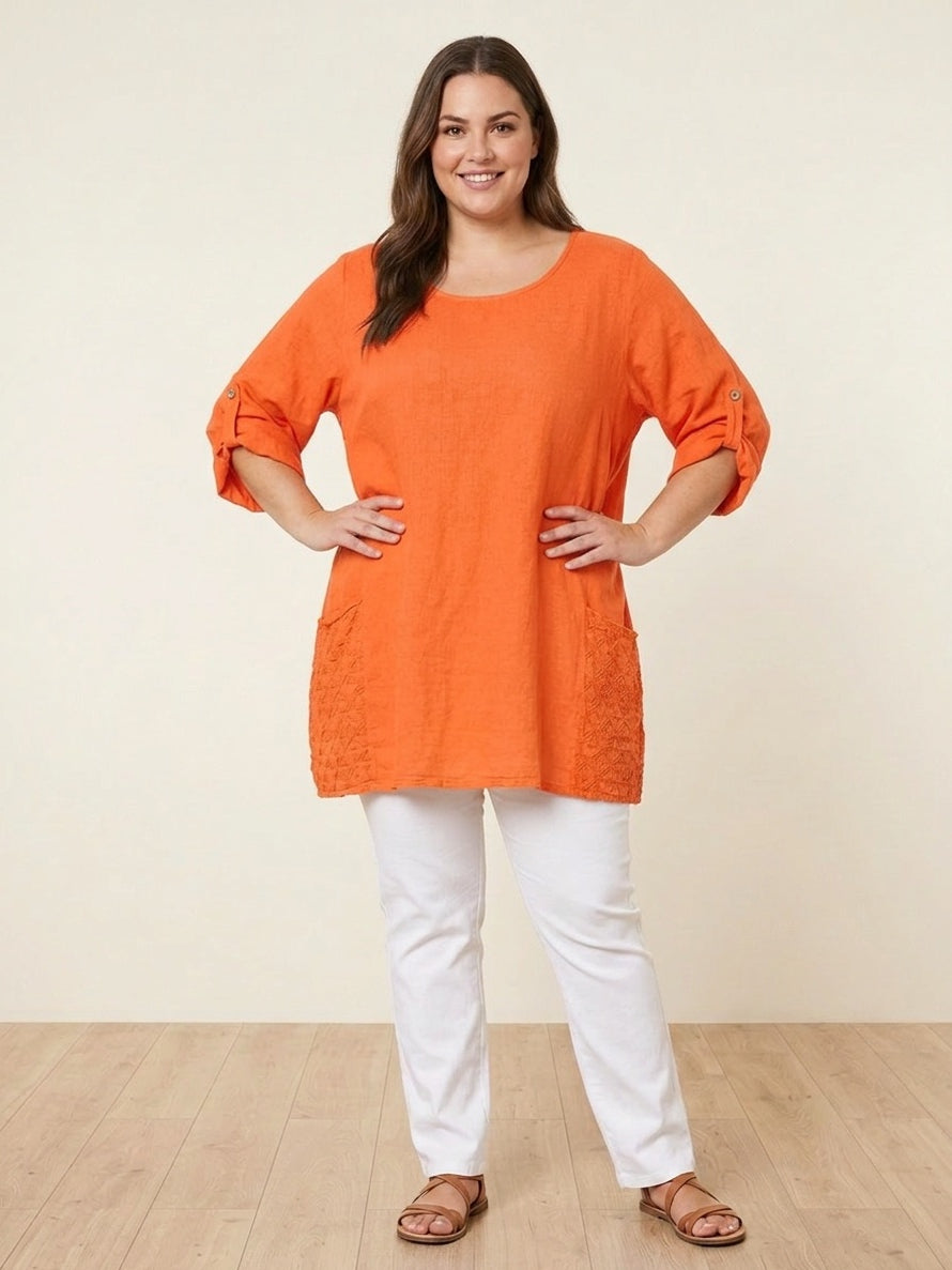 Plus Size Broderie Cotton Top Orange