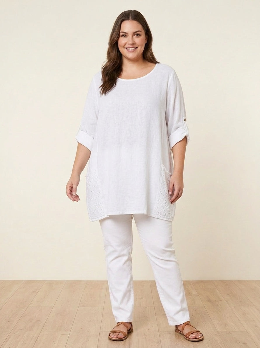 Plus Size Broderie Cotton Top White