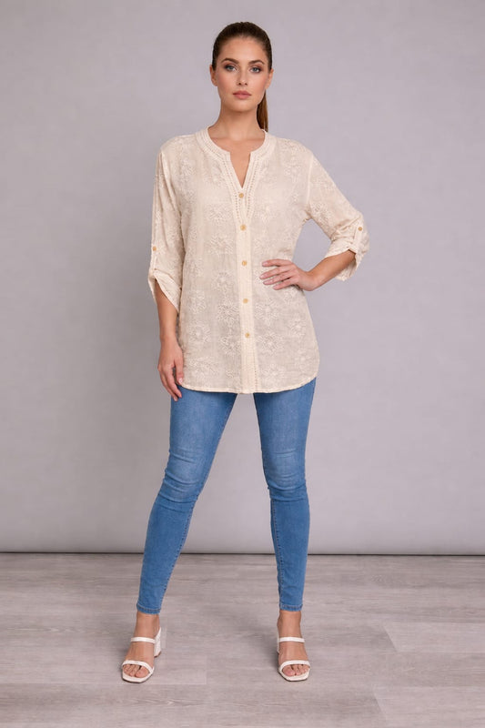 Cotton Embroidered Button Down Top Beige