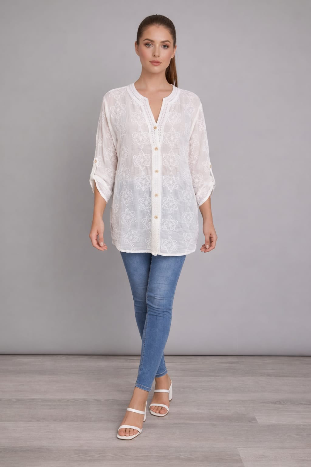 Cotton Embroidered Button Down Top White