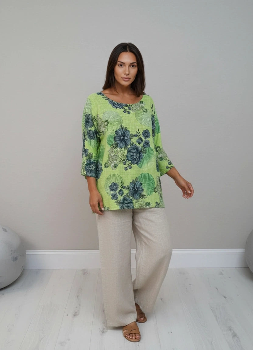 Floral Cotton Top Lime Green