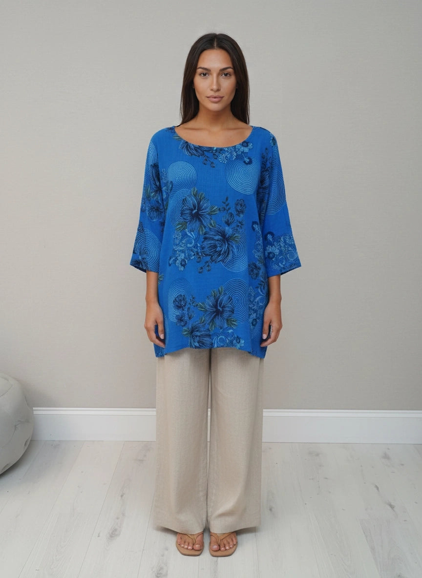 Floral Cotton Top Royal Blue