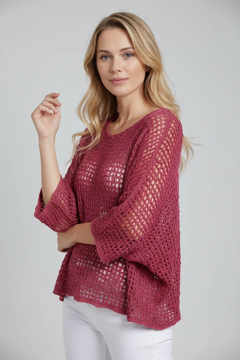 Crochet Net Batwing Top Fuchsia