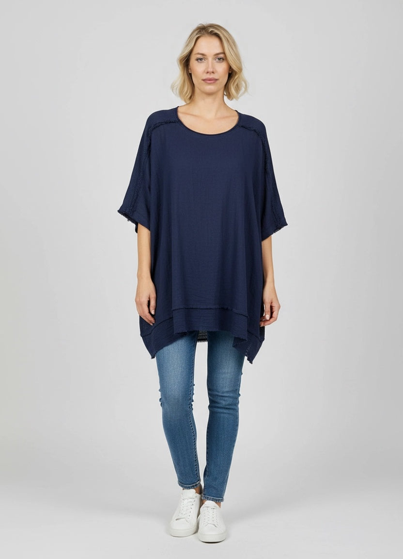 Raw Edges Linen Top Navy