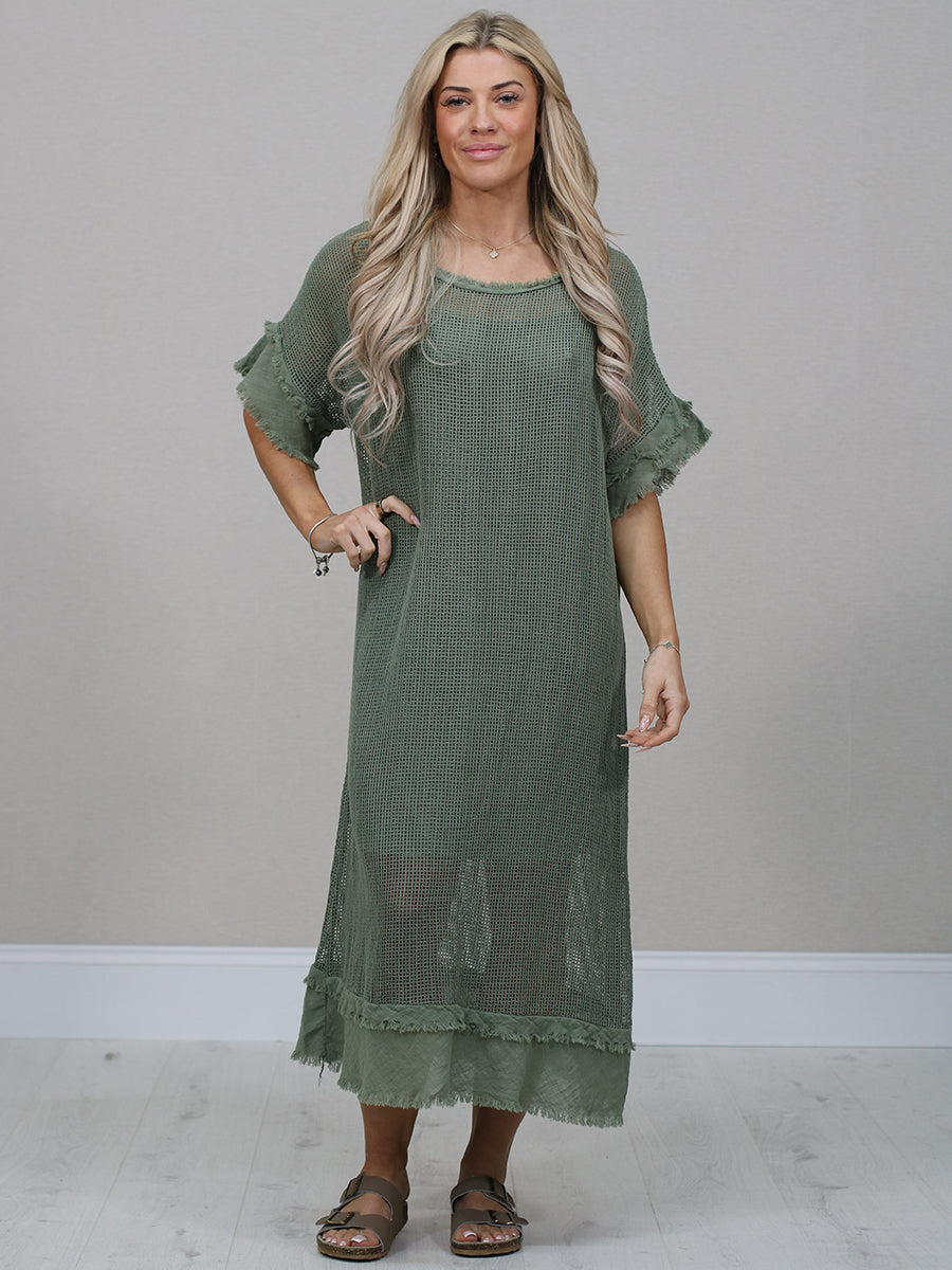 Mesh Net Cotton Dress Khaki