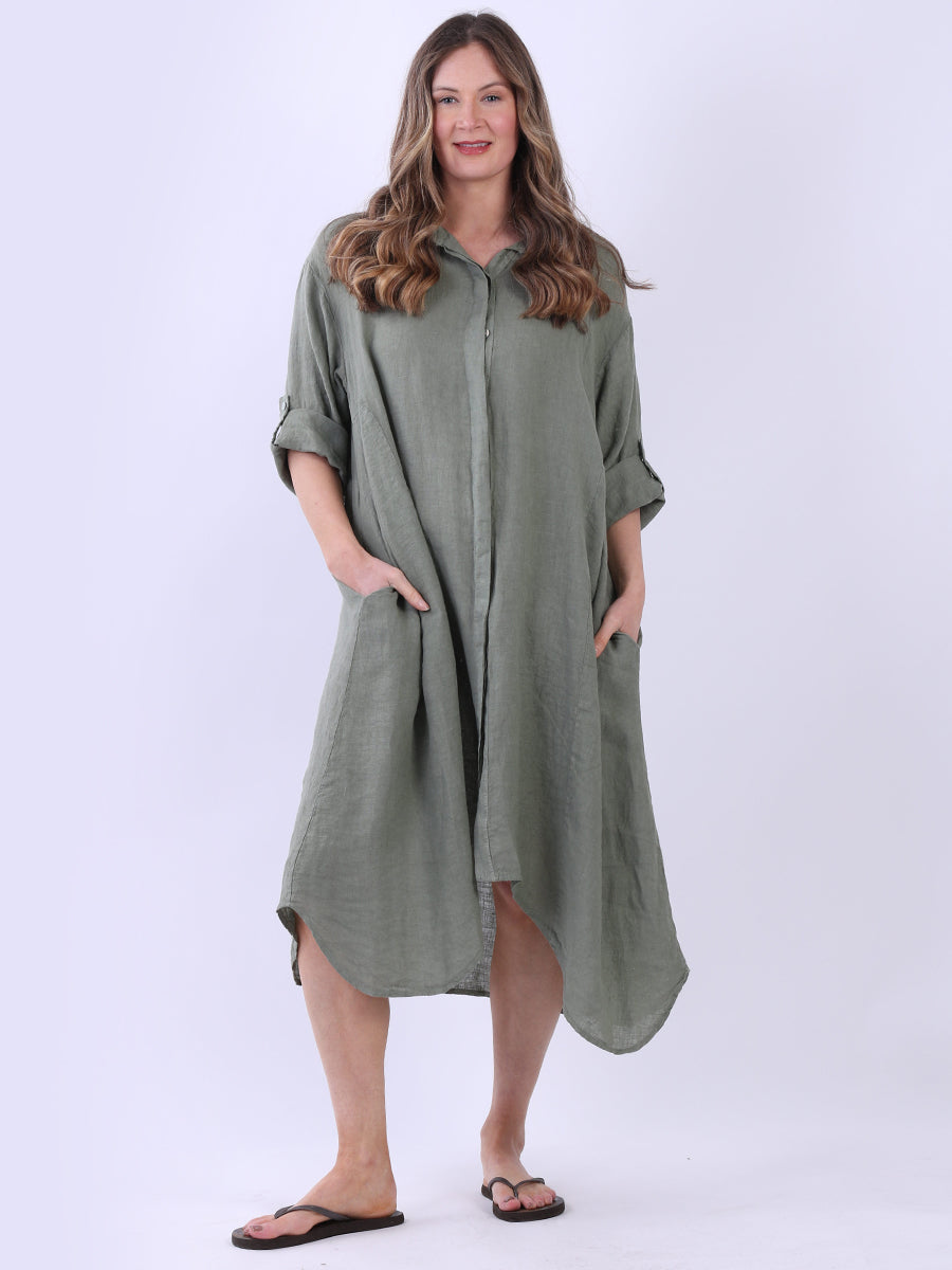 Plain Linen Midi Shirt Dress