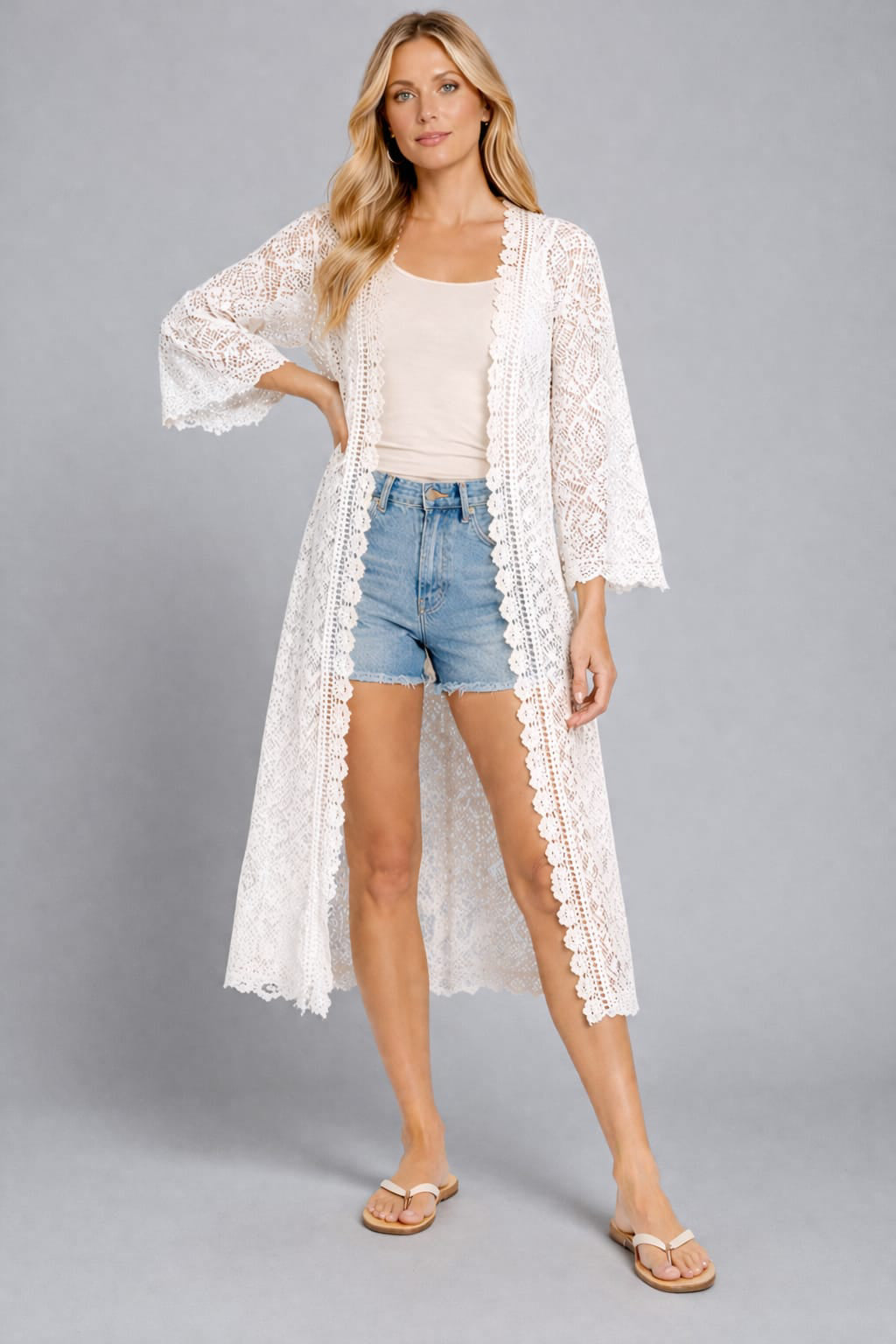 Long Net Cardigan White