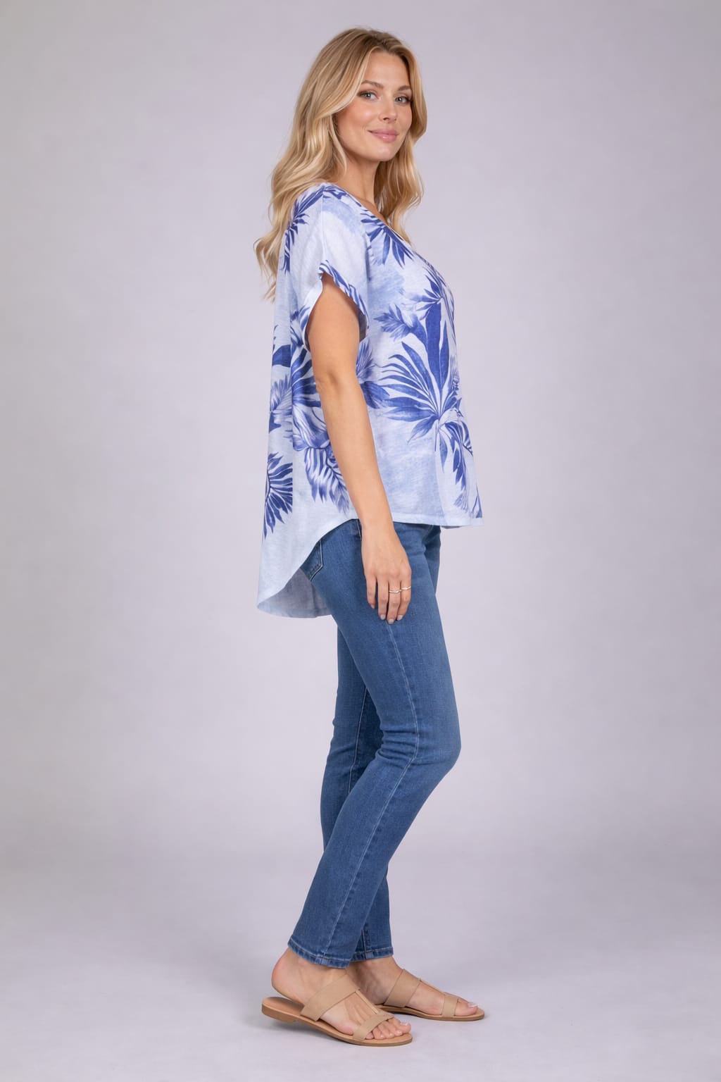 Palm Print Hi-Lo Baggy Linen T-Shirt