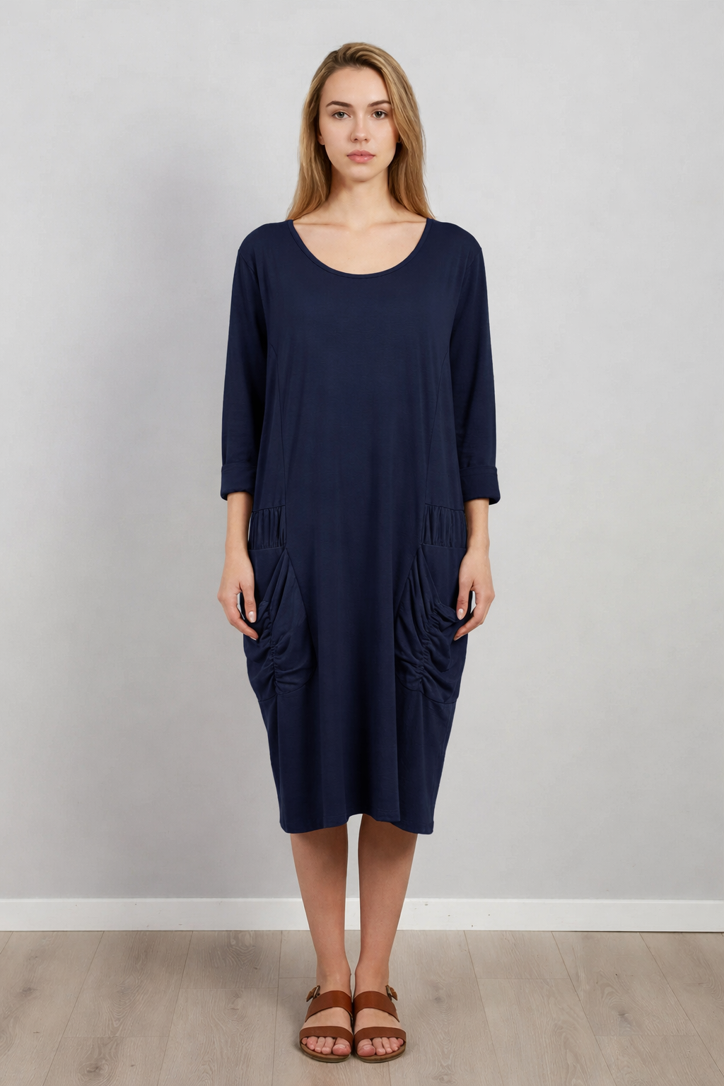 Ruched Cotton Dress Navy