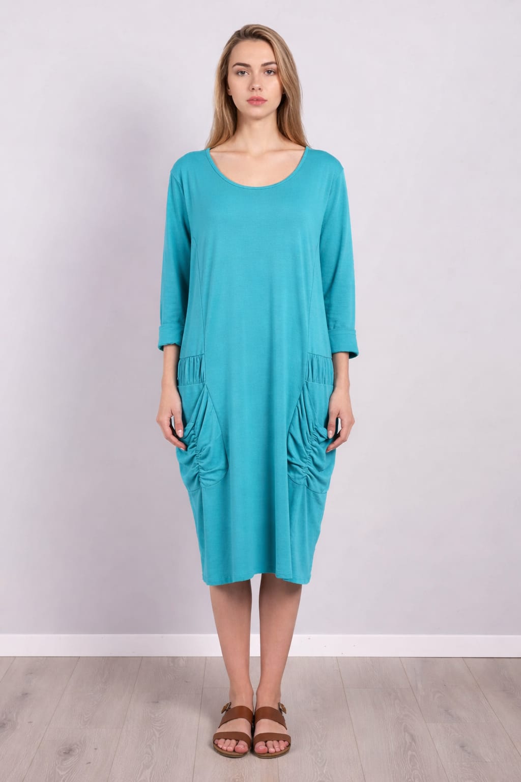 Ruched Cotton Dress Turquoise