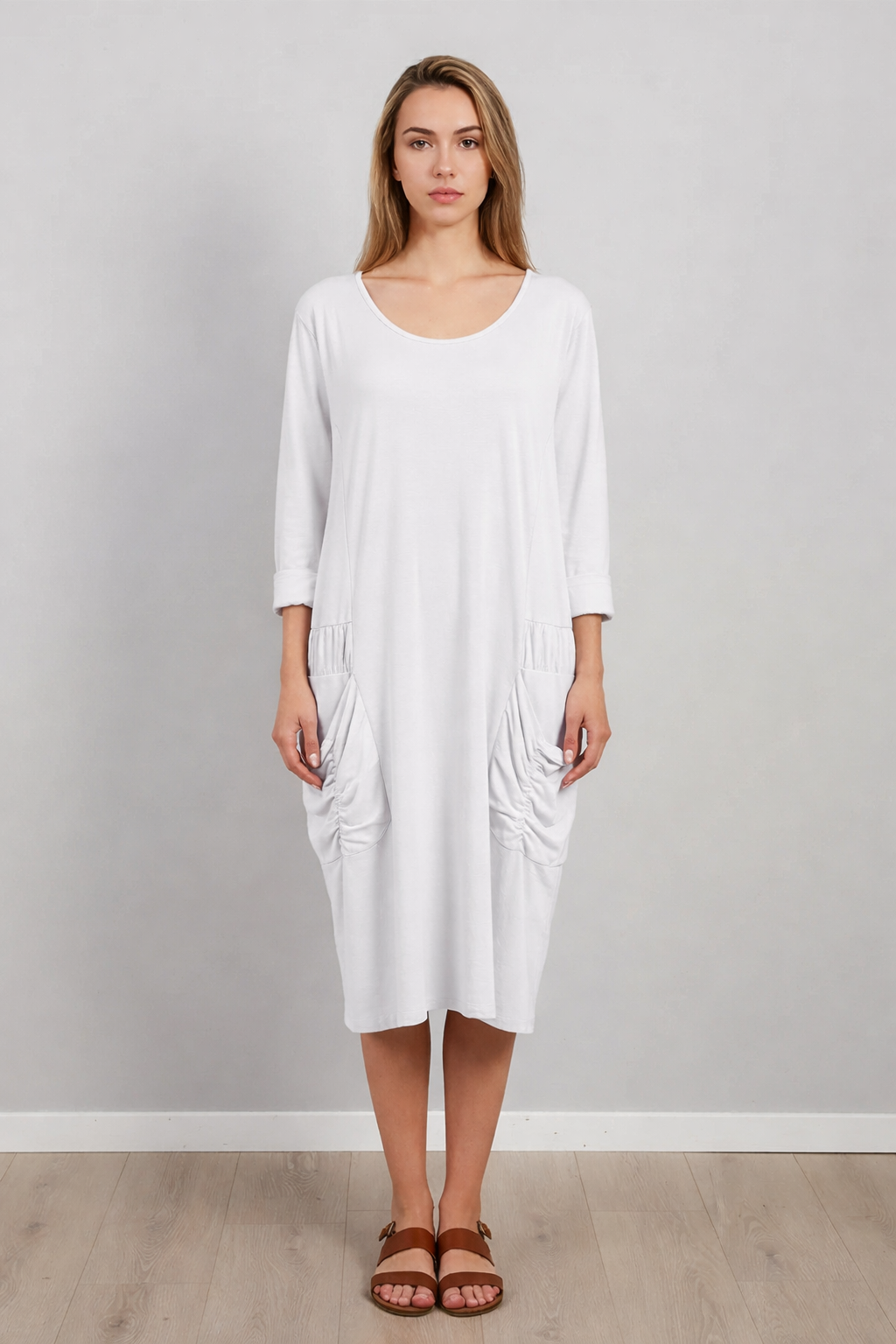 Ruched Cotton Dress White