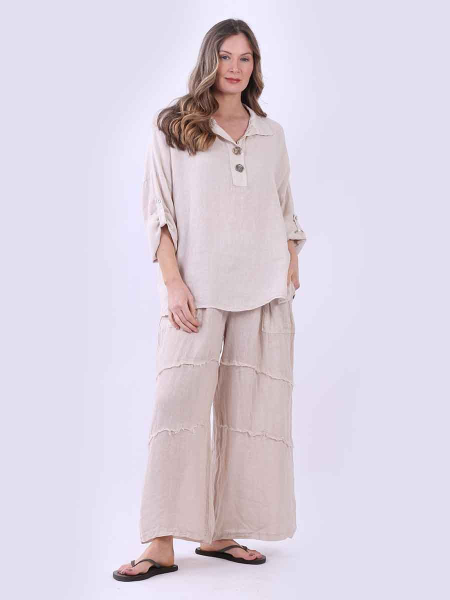 Women Baggy Front Button Solid Linen Top