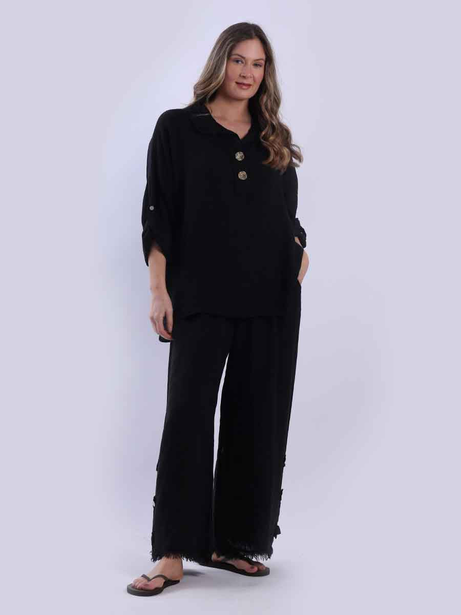 Women Baggy Front Button Solid Linen Top