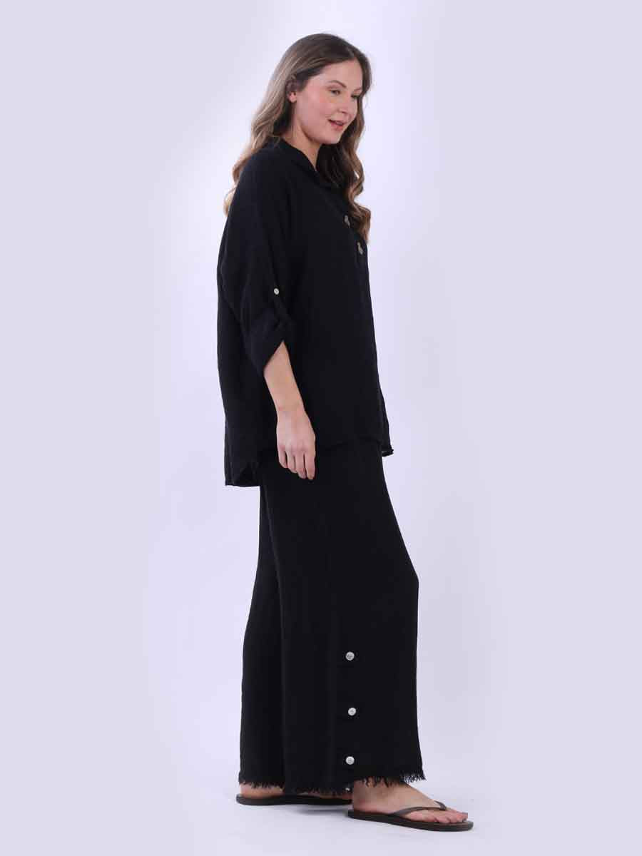 Women Baggy Front Button Solid Linen Top