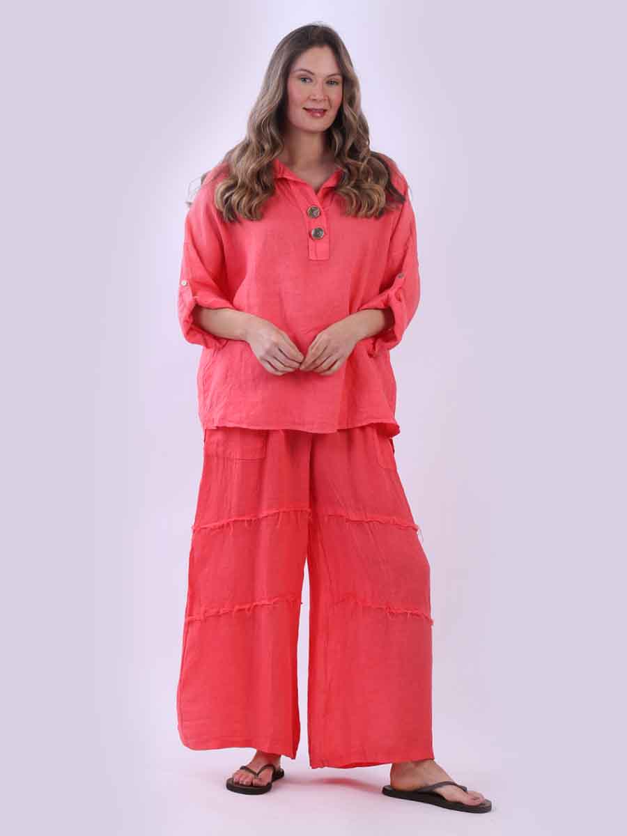 Women Baggy Front Button Solid Linen Top