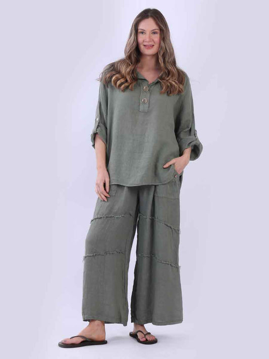 Women Baggy Front Button Solid Linen Top