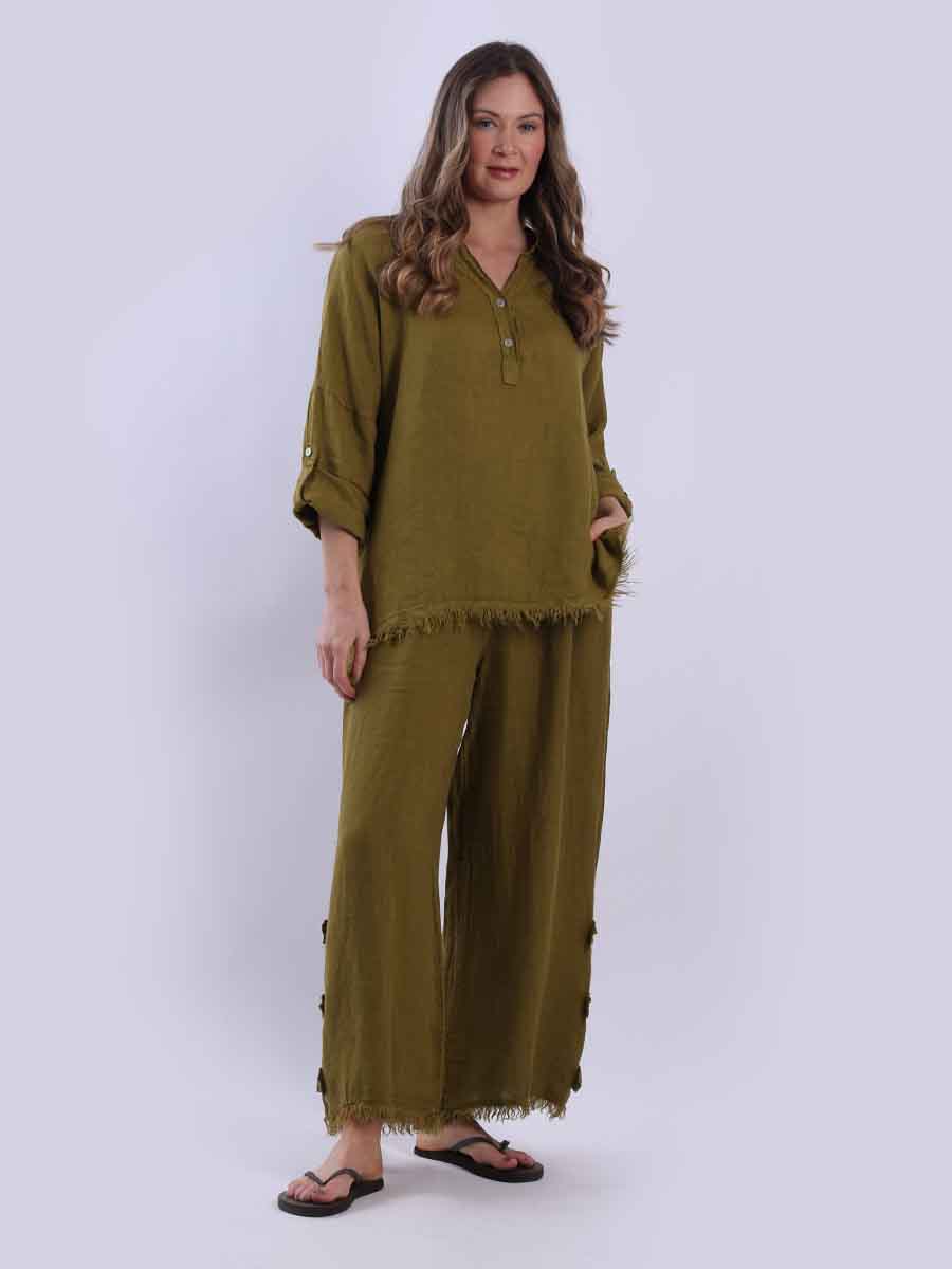 Women Baggy Front Button Solid Linen Top