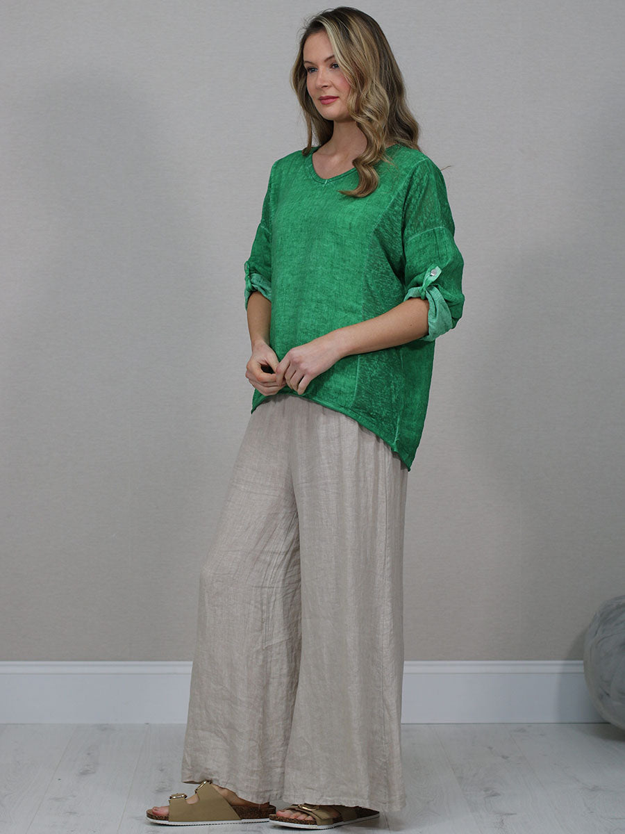 Ladies Vintage Wash V-Neck Linen Crop Top