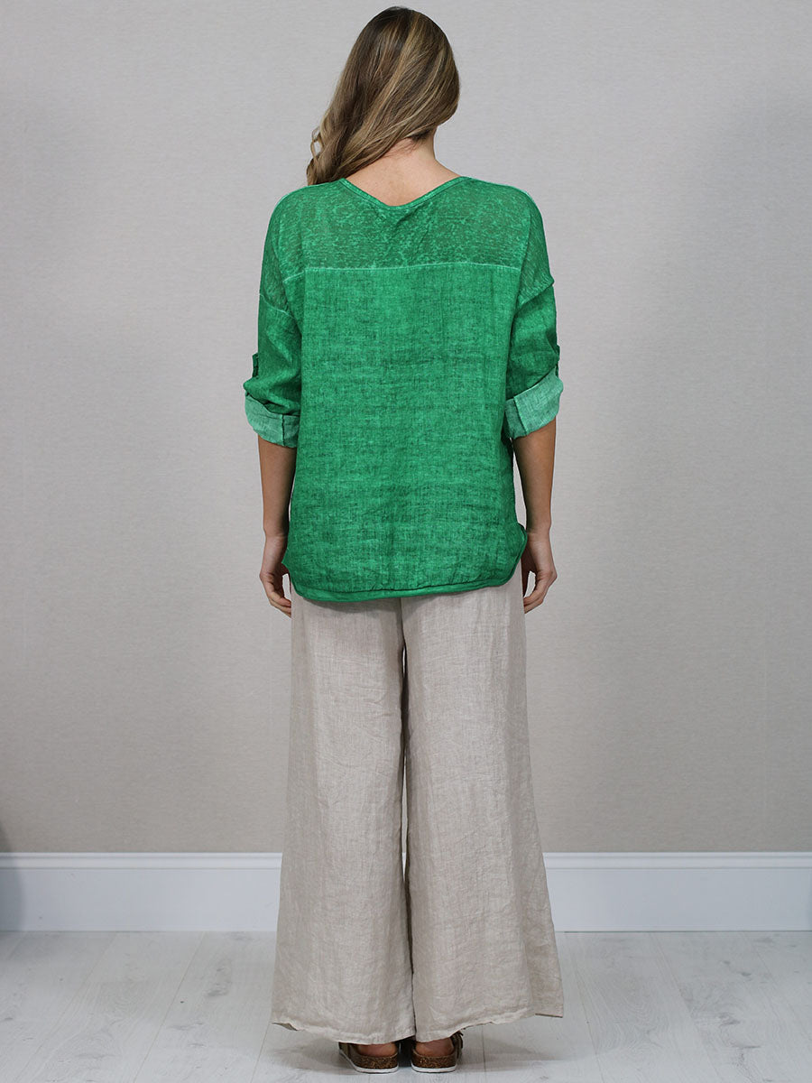 Ladies Vintage Wash V-Neck Linen Crop Top