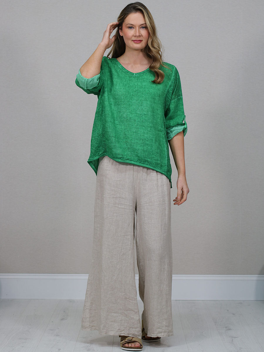 Ladies Vintage Wash V-Neck Linen Crop Top