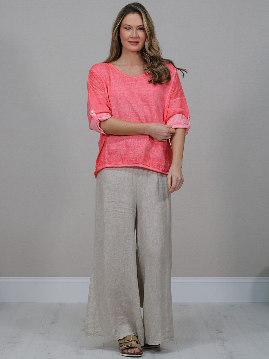 Ladies Vintage Wash V-Neck Linen Crop Top