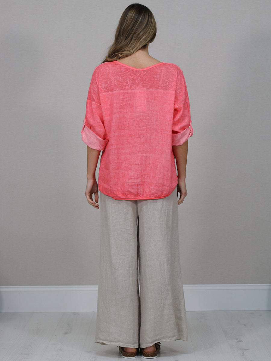 Ladies Vintage Wash V-Neck Linen Crop Top