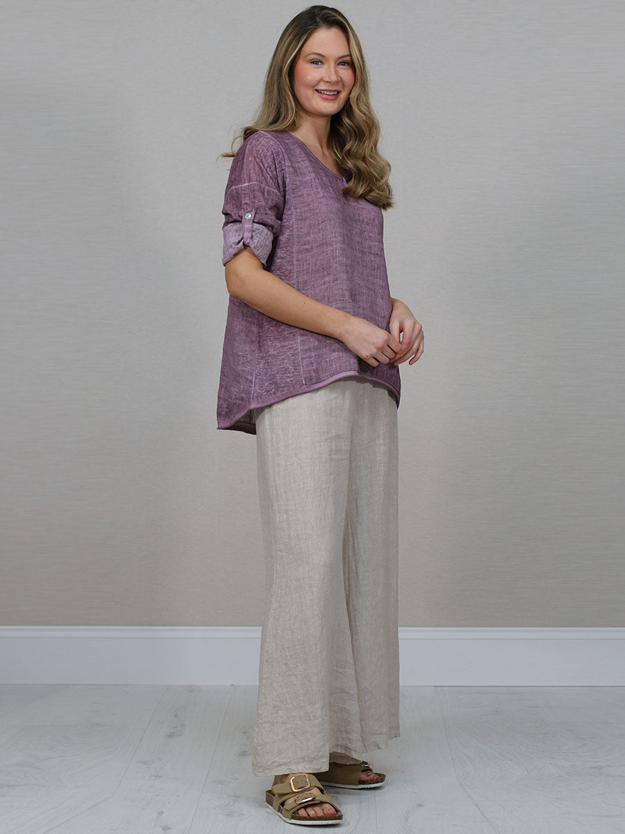 Ladies Vintage Wash V-Neck Linen Crop Top