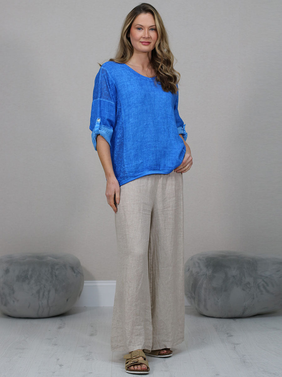 Ladies Vintage Wash V-Neck Linen Crop Top