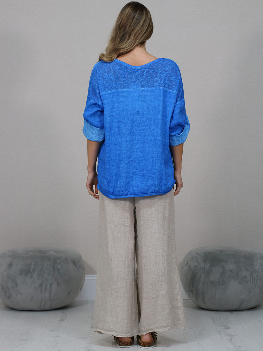 Ladies Vintage Wash V-Neck Linen Crop Top