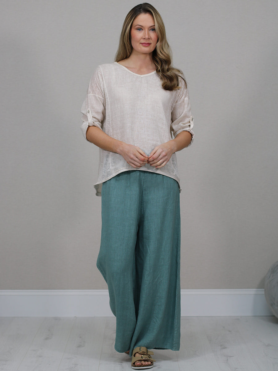 Ladies Vintage Wash V-Neck Linen Crop Top