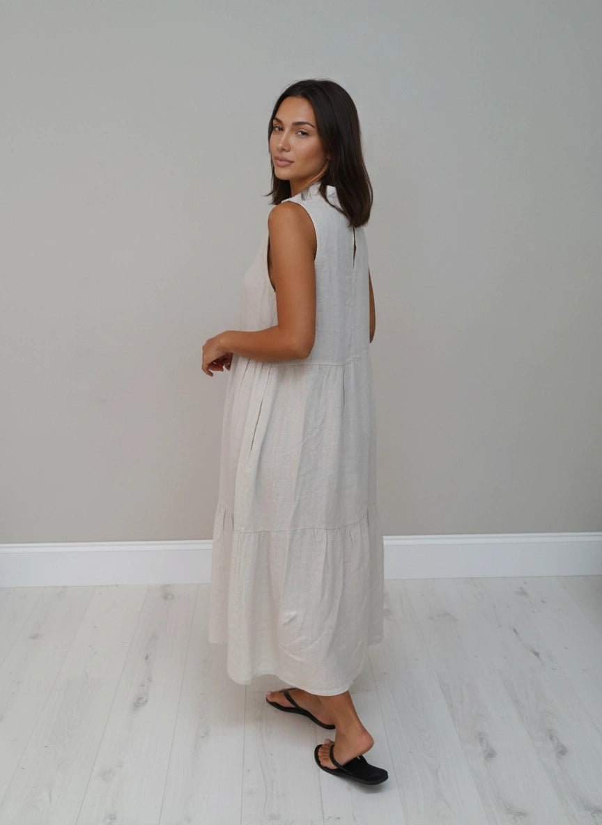 Ruched Neck Linen Tired Tank Dress